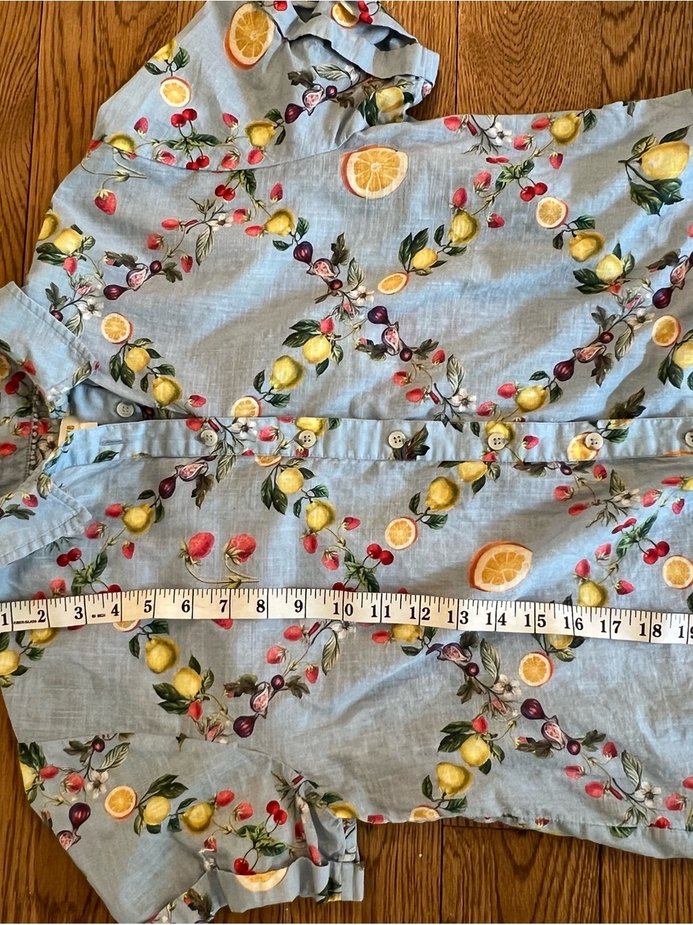 Maeve By Anthropologie 100% Cotton Light Blue Citrus Button-Up Short Sleeve Top - Picture 6 of 6